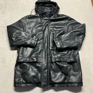 Y2K Andrew Marc Men's Black Leather Jacket L Insulated Hideaway Hood Comfortemp